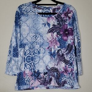 Vintage Y2K Art to Wear T-Shirt Top Size S Blue Purple Floral Womens Rhinestone